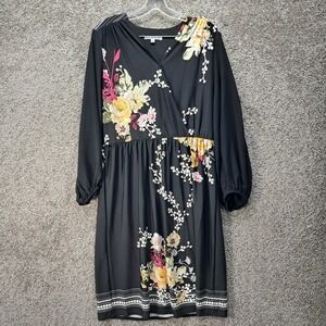 Studio One New York Womens Floral Faux Wrap Midi Dress Black Long Sleeve Large